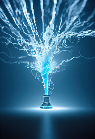 3D rendered computer generated image of a colorful icy blue electrical storm. Tornado vortex with bright electricity lightning storm background wallpaperの写真素材