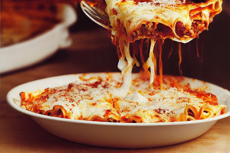3D rendered computer generated image of a hot, melted lasagna. Marinara sauce, pasta, and melty,...