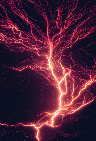 3D rendered computer generated image of a colorful red electrical storm. Tornado vortex with bright electricity lightning storm background wallpaperの写真素材