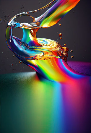 3D rendered computer generated image of a liquid metal rainbow. Bright and colorful polychromatic texture with metallic finish to look like metal multicolored paint splattersの写真素材