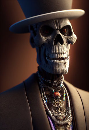 3D rendered computer generated image of Baron Samedi, the loa of the dead in Haitian Voodoo folklore. The head of the Gede family, this voodoo priest is a skeleton with hat n coatの写真素材
