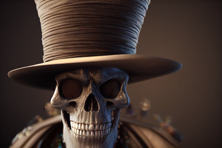 3D rendered computer generated image of Baron Samedi, the loa of the dead in Haitian Voodoo folklore. The head of the Gede family, this voodoo priest is a skeleton with hat n coatの写真素材