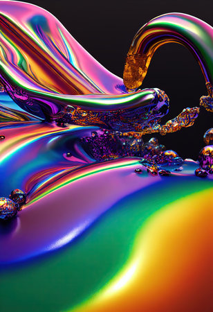 3D rendered computer generated image of a liquid metal rainbow. Bright and colorful polychromatic texture with metallic finish to look like metal paint splatters for a multi-coloreの写真素材