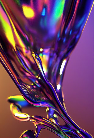 3D rendered computer generated image of a liquid metal rainbow. Bright and colorful polychromatic texture with metallic finish to look like metal paint splatters for a multi-coloreの写真素材