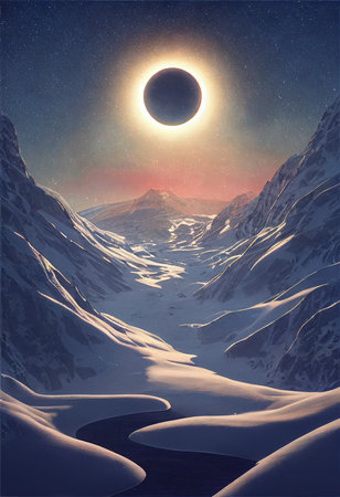 3D rendered winter snow scene cold and serene new for winter 2023. Winter solstice December 2022...