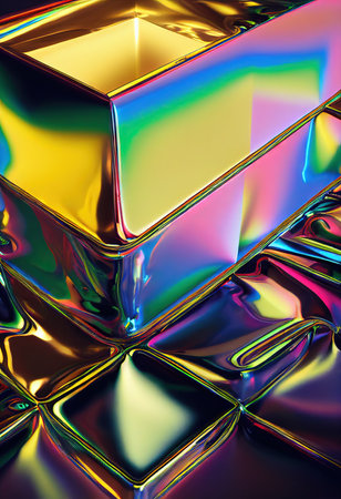 3D rendered computer generated image of a liquid metal rainbow. Bright and colorful polychromatic texture with metallic finish to look like metal paint splatters for a multi-coloreの写真素材