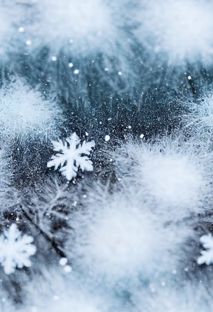 3D rendered computer generated image of a frosty snowflake background. Winter weather wallpaper with photorealistic look generated by AI for the 2023 winter holiday seasonの素材