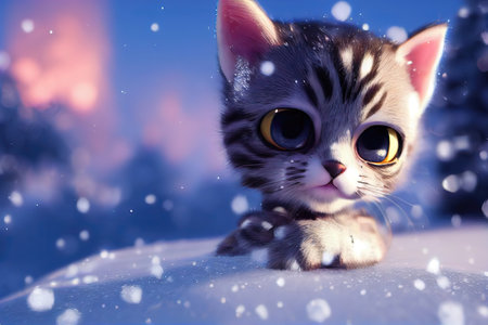 A 3D rendered computer-generated image of an adorable kawaii American Shorthair Kitten playing outside in the snow and enjoying the winter seasonal weather. Generative AIの写真素材