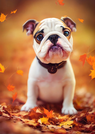 A 3D rendered computer-generated image of an adorable kawaii Bulldog puppy playing outside in the leaves and enjoying the autumn seasonal weather. Generative AIの写真素材