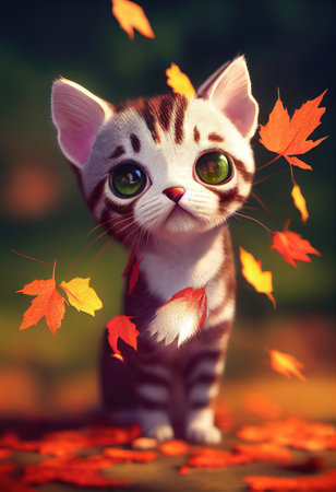 A 3D rendered computer-generated image of an adorable kawaii American shorthairl Kitten playing outside in the leaves and enjoying the autumn seasonal weather. Generative AIの写真素材