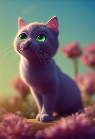 A 3D rendered computer-generated image of an adorable kawaii Chatreaux Kitten playing outside in the grass and flowers, enjoying the spring seasonal weather. Generative AIの写真素材