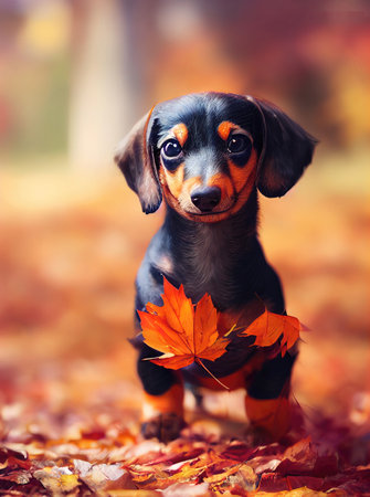 A 3D rendered computer-generated image of an adorable kawaii Dachshund puppy playing outside in the leaves and enjoying the autumn seasonal weather. Generative AIの写真素材
