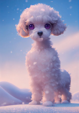 A 3D rendered computer-generated image of an adorable kawaii French Poodle puppy playing outside in the snow and enjoying the winter seasonal weather. Generative AIの写真素材