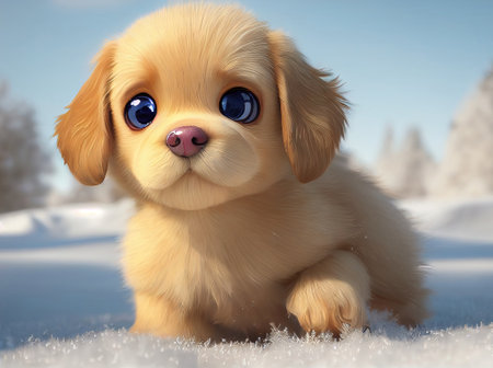 A 3D rendered computer-generated image of an adorable kawaii Golden Retriever puppy playing outside in the snow and enjoying the winter seasonal weather. Generative AIの写真素材