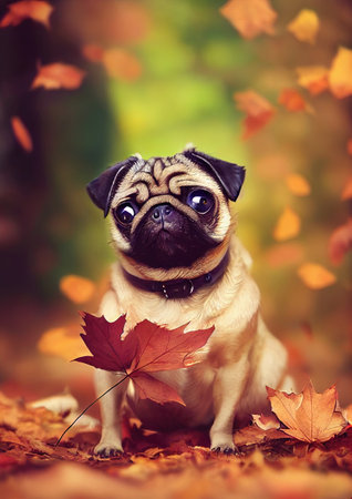 A 3D rendered computer-generated image of an adorable kawaii Pug puppy playing outside in the leaves and enjoying the autumn seasonal weather. Generative AIの写真素材