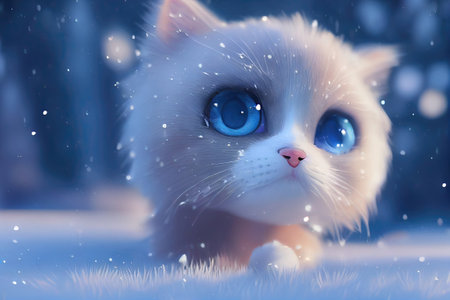 A 3D rendered computer-generated image of an adorable kawaii Ragdoll kitten playing outside in the snow and enjoying the winter seasonal weather. Generative AIの写真素材