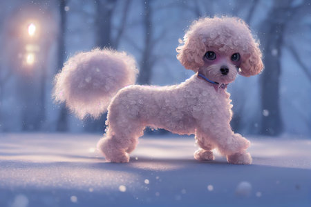 A 3D rendered computer-generated image of an adorable kawaii Poodle puppy playing outside in the snow and enjoying the winter seasonal weather. Generative AIの写真素材