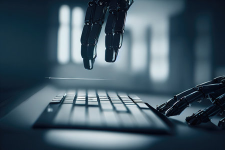 Robots Working Human Jobs. Robotic hand reaches for keyboard to type generative AI writing. These robotic writers are taking over the business worldの素材
