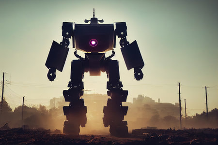 An intimidating robot with massive size created by generative AI. Futuristic robotics may one day be blended with artificial intelligence to create technology solutionsの写真素材