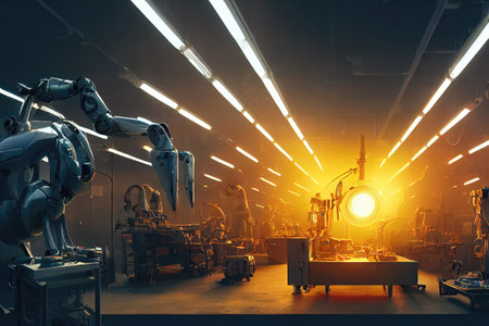 Robot Repair Factory.. Interior with industrial lighting. Building and industrial technology created by generative AIの写真素材