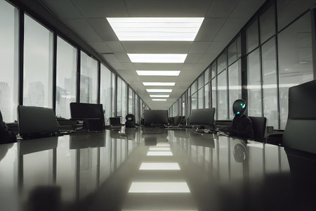 Robots Working Human Jobs. Today they are in a boring, mundane business meeting at the office. Generative AI image depicting humanityの写真素材