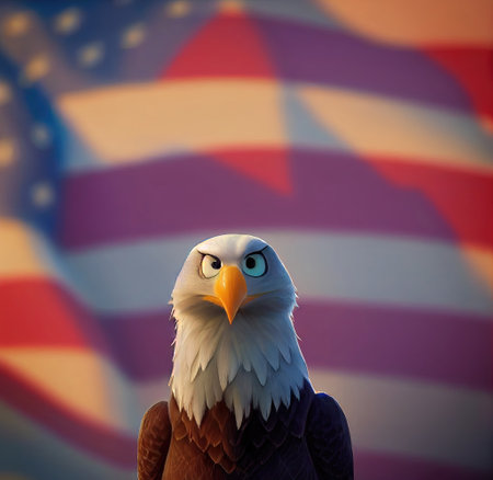 3D rendered American Bald Eagle with cute kawaii look like modern animation. Generative AI patriotic American bird. Official mascot of the United States. american flag backgroundの写真素材