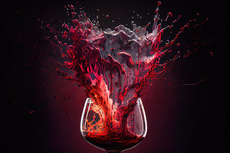 Computer-generated image of exploding glass of red wine merlot. Photorealism and 3D shading to create a busy action-shot with your favorite foods going boom. generative AIの写真素材