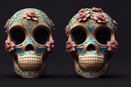 Calavera sugar skull 3D computer-generated image made to look hyperrealistic in a unique artistic style, isolated, floral skull for dia de los muertos.の写真素材