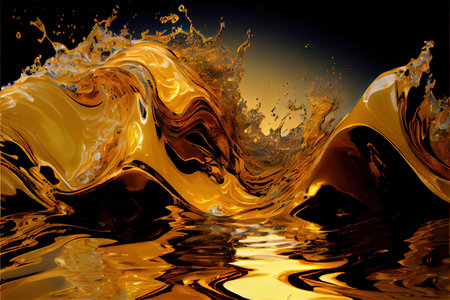 Computer-generated image of flowing liquid metal 24k gold. Golden liquid in 24 karats with a splashy, clean designの写真素材