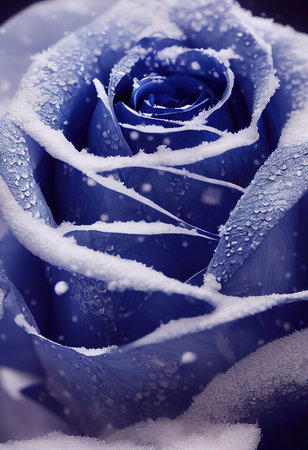 A Frozen blue rose with snow and ice on it - 3D digital illustration made to look like a macro photographの写真素材