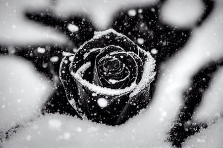 A Frozen black rose with snow and ice on it - 3D digital illustration made to look like a macro photographの写真素材