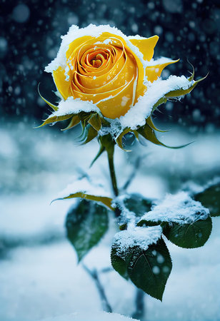 A Frozen yellow rose with snow and ice on it - 3D digital illustration made to look like a macro photographの写真素材