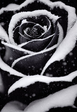 A Frozen black rose with snow and ice on it - 3D digital illustration made to look like a macro photographの写真素材