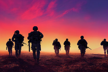 Military (Army, Marines, Navy, Air Force) Veterans. Soldiers at sunset silhouettes computer image...
