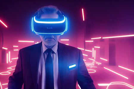 Virtual Reality in the Metaverse - An AI-generated illustration of an older white man wearing a VR...