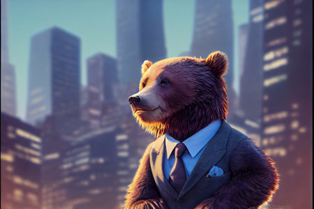 Computer-generated image of a Wall Street Bear in a suit. Wall Street day traders watch the markets,...