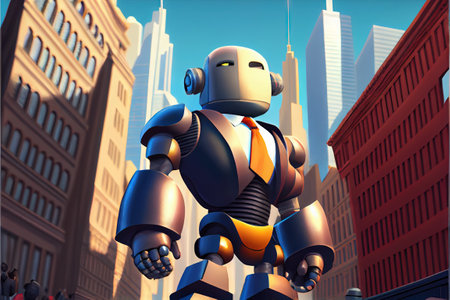 Robot in the city. 3D illustration. 3D rendering.の写真素材