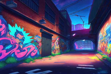 3D rendered computer-generated image of an empty alleyway in the winter season. Fully CGI, including all graffiti murals - 100% original and cleared for commercial use urban settの写真素材