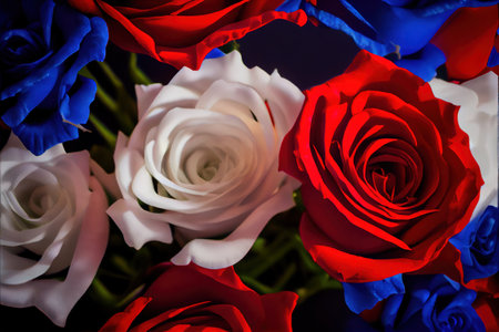 Patriotic red, white, and blue roses - bright and colorful flowers created by generative AI. Floral background wallpaper with digital painted look.の写真素材