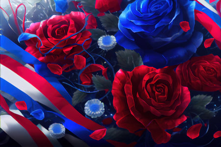 Patriotic red, white, and blue roses - bright and colorful flowers created by generative AI. Floral background wallpaper with digital painted look.の写真素材