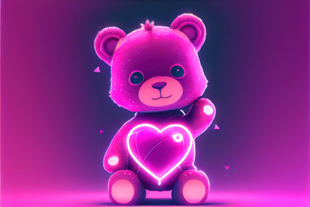 Cute and Cuddly Valentine Teddy Bear - Adorable stuffed teddy bear in modern animation style with pink hearts and kawaii look to commemorate Valentines Day. Generative AIの写真素材