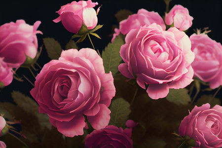 Romantic pink roses - bright and colorful flowers created by generative AI. Floral background wallpaper with digital painted look.の写真素材