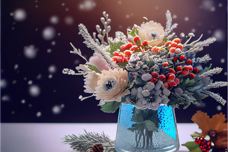 Winter Floral Bouquet - 3D shaded digital oil painting with winter flowers and decorative plants. Varietal bunch of flowers and plants in winter colorsの写真素材