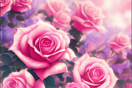 Romantic pink roses - bright and colorful flowers created by generative AI. Floral background wallpaper with digital painted look.の写真素材
