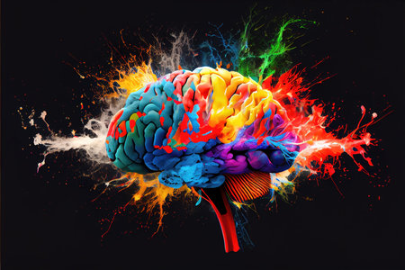 Colorful Brain Bursting with Creativity - Generative AI image of human creativity. Polychromatic rainbow with full spectrum of colors exploding with immersive knowledge and experieの写真素材