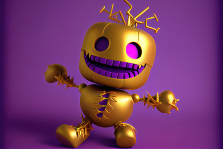 Voodoo Doll - A modern voodoo doll created in a modern animation style and traditional Mardi Gras purple and gold colors. Generative AI image to celebrate Fat Tuesday in New Orleanの写真素材