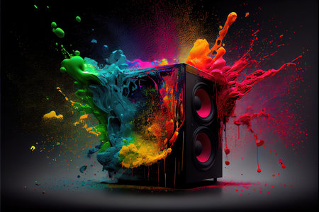 Colorful splashes and speaker on black background. 3d renderingの写真素材