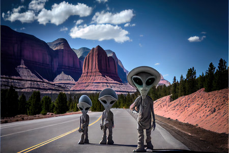 Three little astronauts on the road in Capitol Reef National Park, United Statesの写真素材