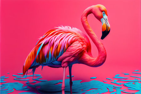bright pink flamingo - a bright flamingo bird in pink studio background made by generative AI. Regal and peaceful bird standingの写真素材