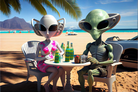 3d render of an alien and a woman sitting at the beachの写真素材